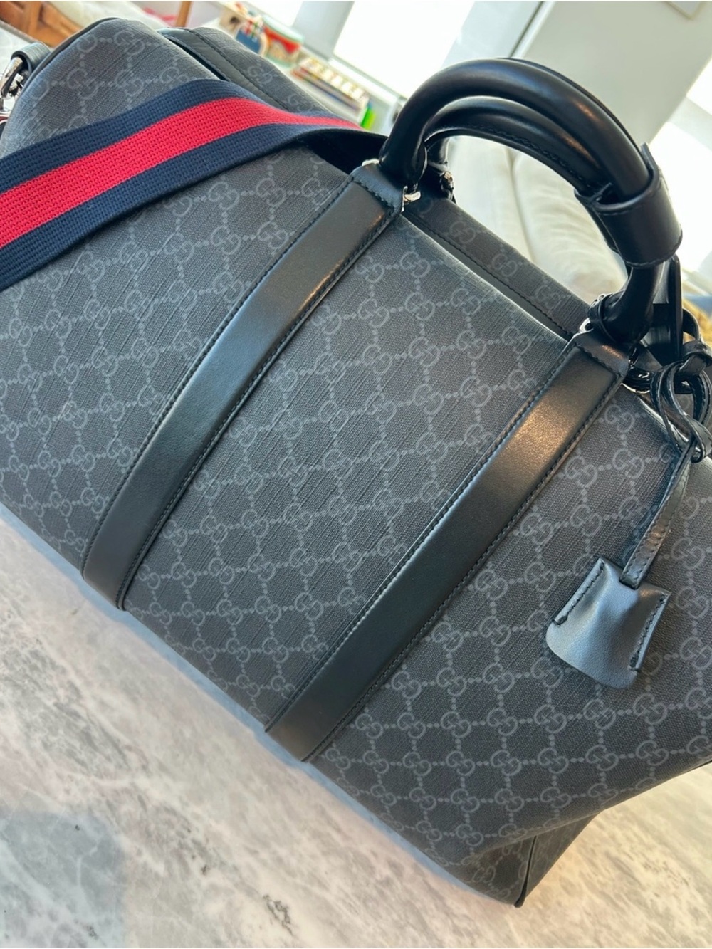 Gucci Black GG Supreme Duffel with Red and Blue Web Strap